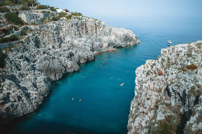 High angle view of rock formation in sea