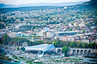 High angle shot of townscape against sky