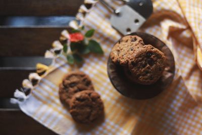 High angle view of cookies in plate on table