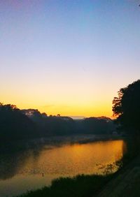 Scenic view of landscape against clear sky at sunset