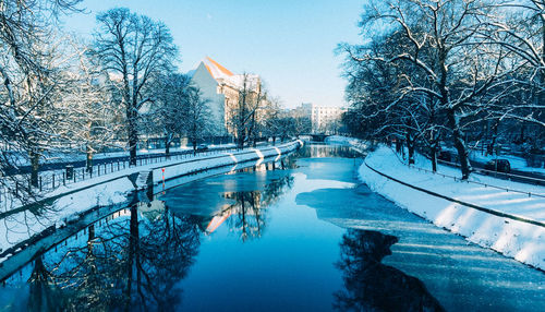 Frozen canal along bare trees