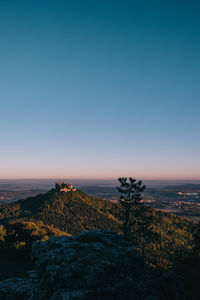 Scenic view of landscape against clear sky at sunset