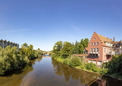 Buildings by river against clear blue sky