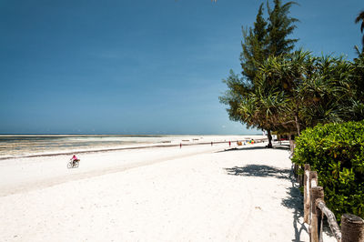 Scenic view of beach against sky with single cyclist