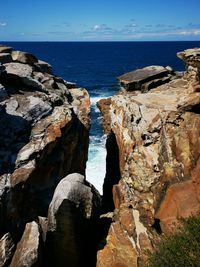 Rocks on sea shore against sky