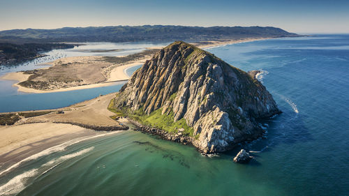 High angle view of sea shore against sky