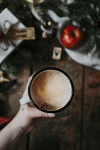 Directly above shot of hand holding coffee