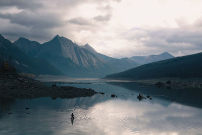 Scenic view of lake and mountains against sky