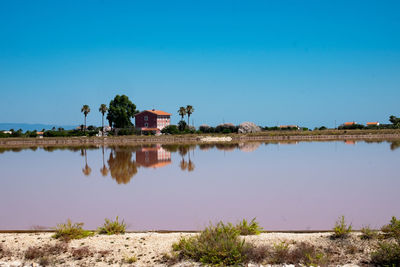 Scenic view of lake against clear blue sky