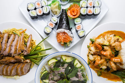High angle view of food served on table