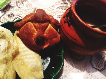 High angle view of breakfast on table