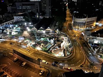 High angle view of illuminated cityscape at night