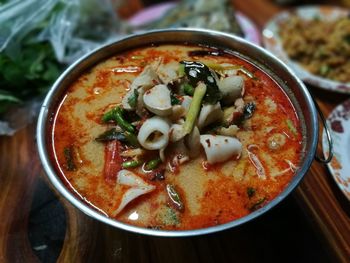 High angle view of soup in bowl