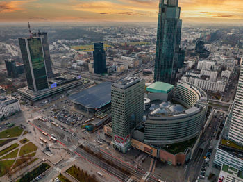 Panoramic aerial view of the modern skyscrapers and business center in warsaw.