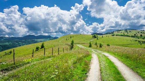 Scenic view of road amidst field against sky