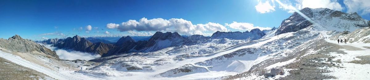 Panoramic view of snowcapped mountains against sky