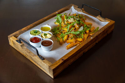 High angle view of food served on table