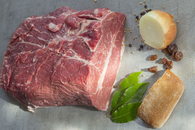 High angle view of meat in plate on table