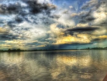 Scenic view of lake against cloudy sky