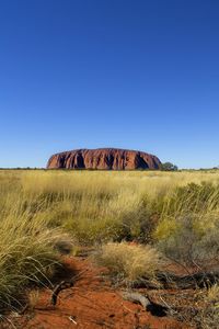 Scenic view of landscape against clear blue sky