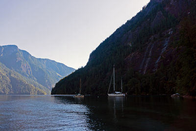 Scenic view of lake and mountains against clear sky