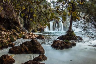 Scenic view of waterfall against trees