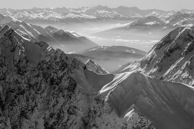 Panoramic view of snowcapped mountains against sky