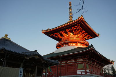 Low angle view of temple building against clear sky