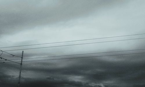 Low angle view of power lines against cloudy sky