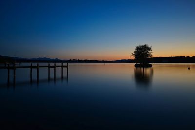 Scenic view of lake against clear sky at sunset