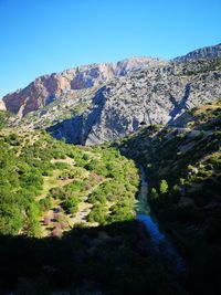 Scenic view of mountains against clear blue sky