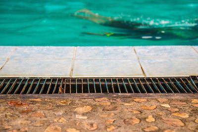 High angle view of swimming pool by lake