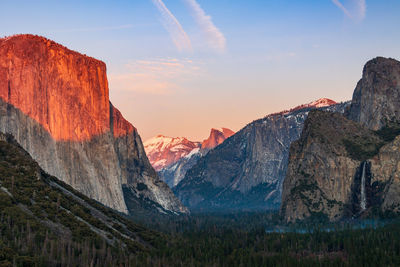 Scenic view of yosemite valley against sky during sunset