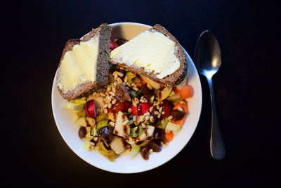 High angle view of breakfast served on table