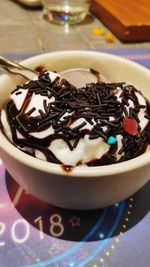 Close-up of ice cream in bowl on table