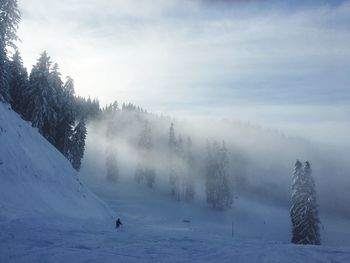 Scenic view of snow covered land against sky