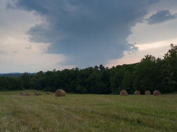 Hay bales on field against sky