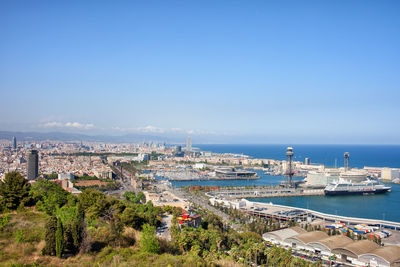 High angle view of city at seaside