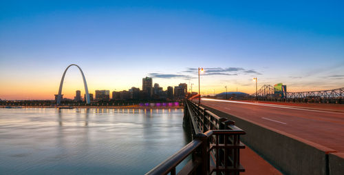 Bridge over river by buildings against sky at sunset