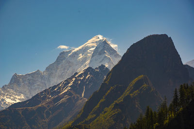 Scenic view of snowcapped mountains against clear sky