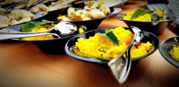 High angle view of meal served on table