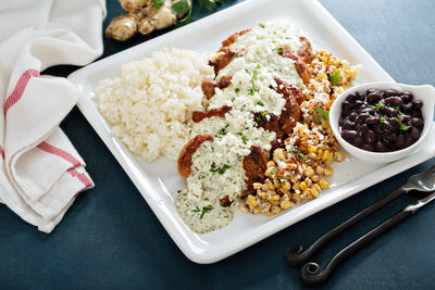 High angle view of food in plate on table