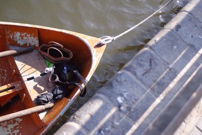 High angle view of boat moored in water