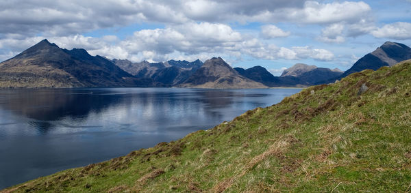 Scenic view of lake and mountains against sky