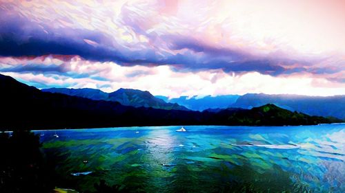 Scenic view of lake and mountains against sky