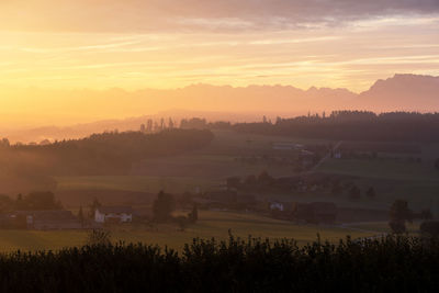 High angle view of landscape during sunrise