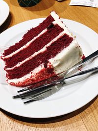 High angle view of cake in plate on table