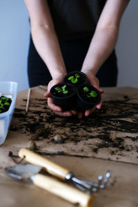 High angle view of man working on table