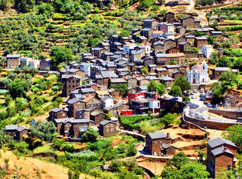 High angle view of buildings in town