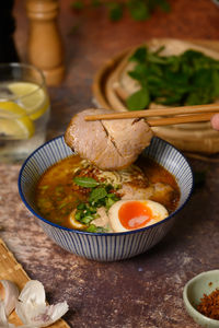 High angle view of food in bowl on table